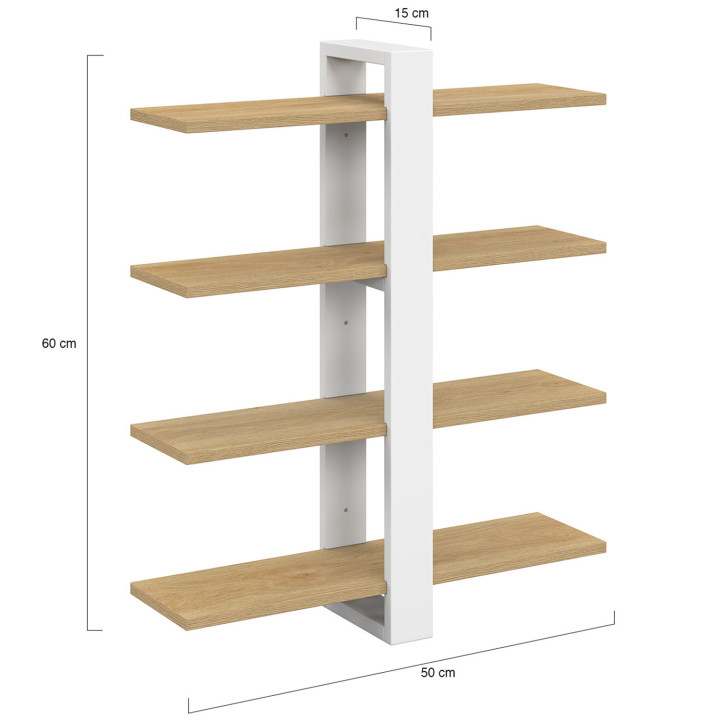 Vrijhangende boekenplank met schuifplanken ORA 4 niveaus in beuken en witte afwerking
