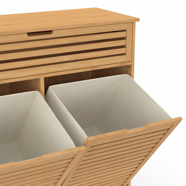 Meuble de rangement salle de bain bambou BEA 2 paniers à linge amovibles 1 tiroir tissu écru