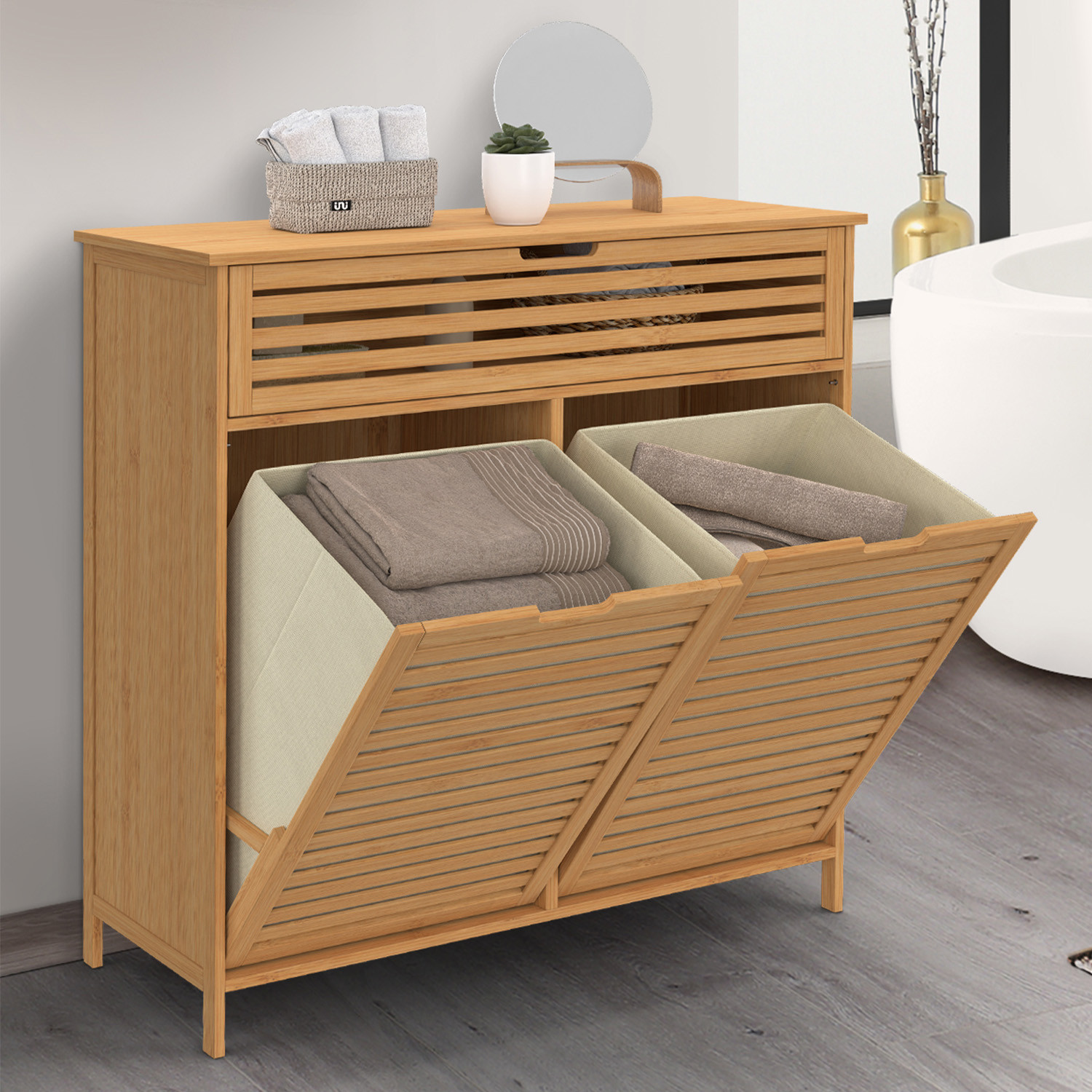 Meuble de rangement salle de bain bambou 2 paniers à linge amovibles 1 tiroir tissu écru