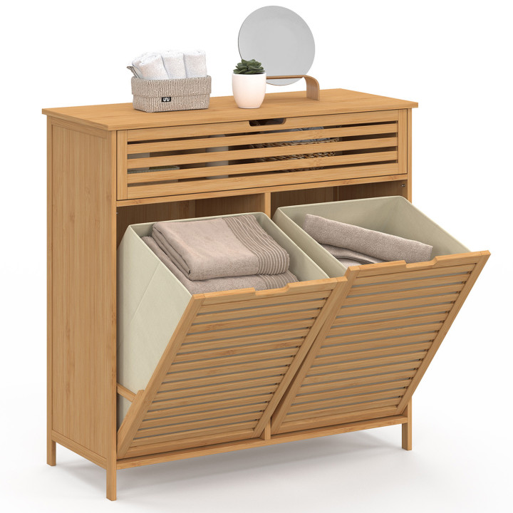 Meuble de rangement salle de bain bambou BEA 2 paniers à linge amovibles 1 tiroir tissu écru