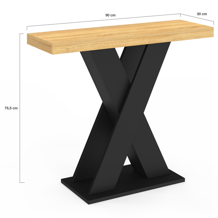 ALICIA console met houten blad en zwarte X-poot