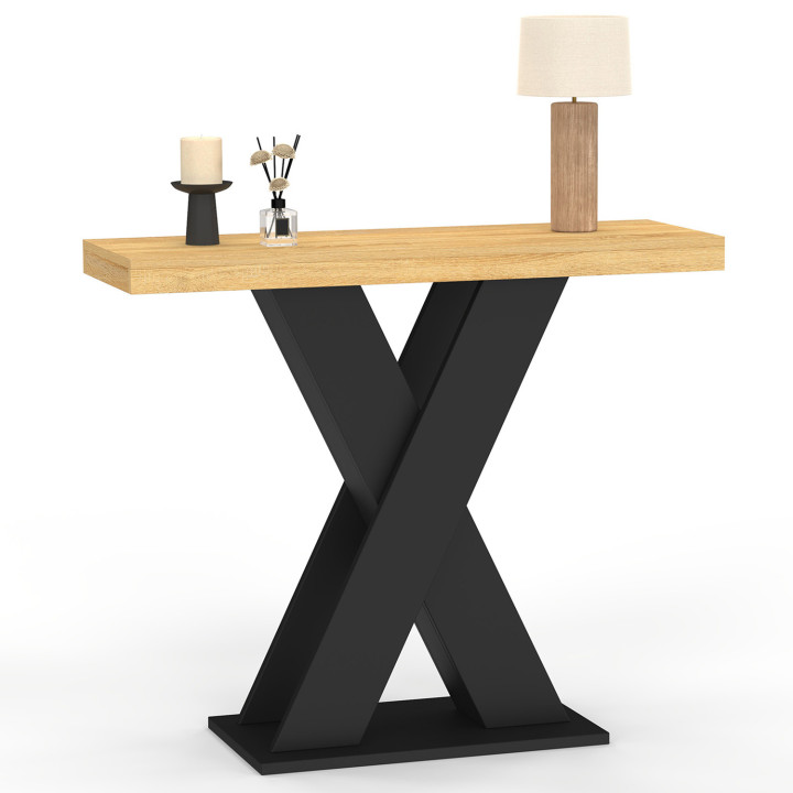 ALICIA console met houten blad en zwarte X-poot