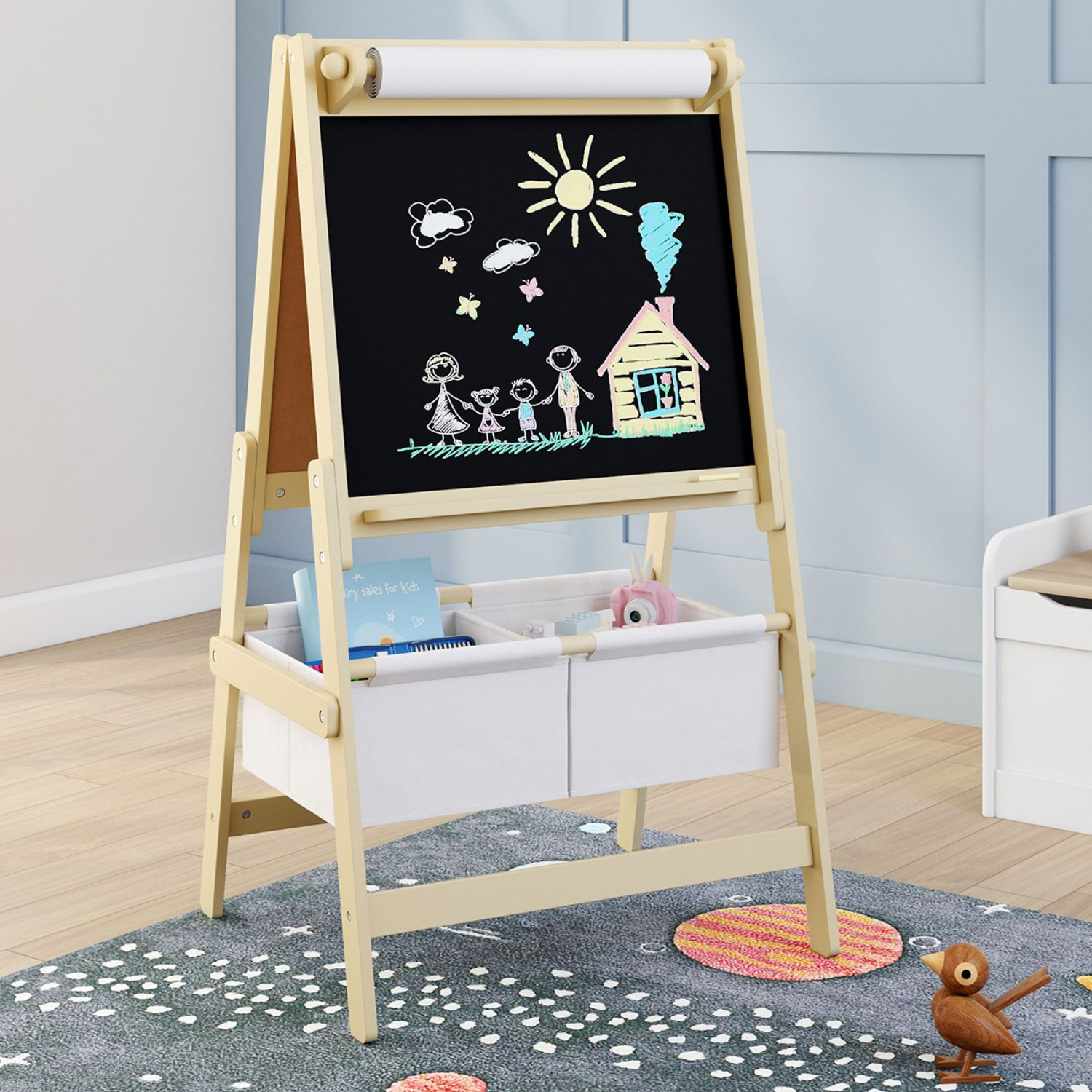 Tableau enfant 3 en 1 chevalet double face avec rouleau de papier et 2 paniers de rangement