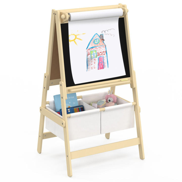 Tableau enfant 3 en 1 chevalet double face avec rouleau de papier et 2 paniers de rangement