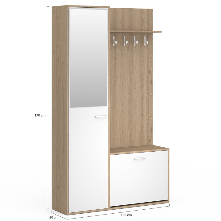 Garderobe im Eingangsbereich mit Schuhablage, Spiegel, Schrank und Regalen in Holz- und Schwarzeffekt - MAHAUT | ID Market