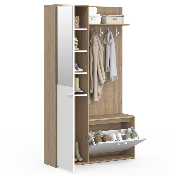 Garderobe im Eingangsbereich mit Schuhablage, Spiegel, Schrank und Regalen in Holz- und Schwarzeffekt - MAHAUT | ID Market