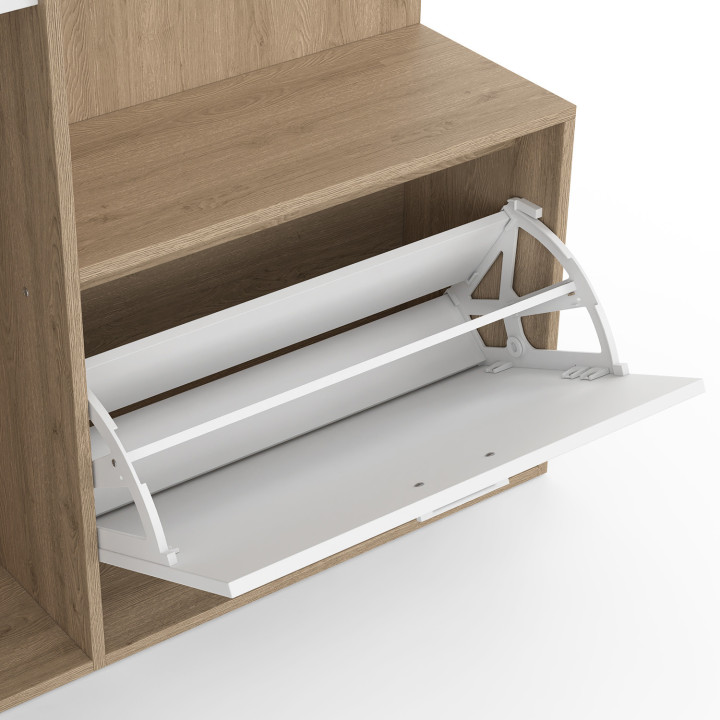 Garderobe met schoenenopberger, spiegel, kast en zwarte planken met houteffect - MAHAUT | ID Market