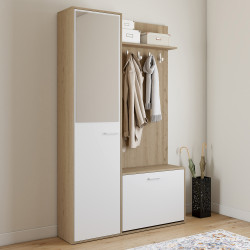 Garderobe im Eingangsbereich mit Schuhablage, Spiegel, Schrank und Regalen in Holz- und Schwarzeffekt - MAHAUT | ID Market