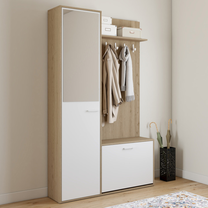 Vestiaire d'entrée rangement chaussures avec miroir et étagères MAHAUT 1 porte effet bois et blanc