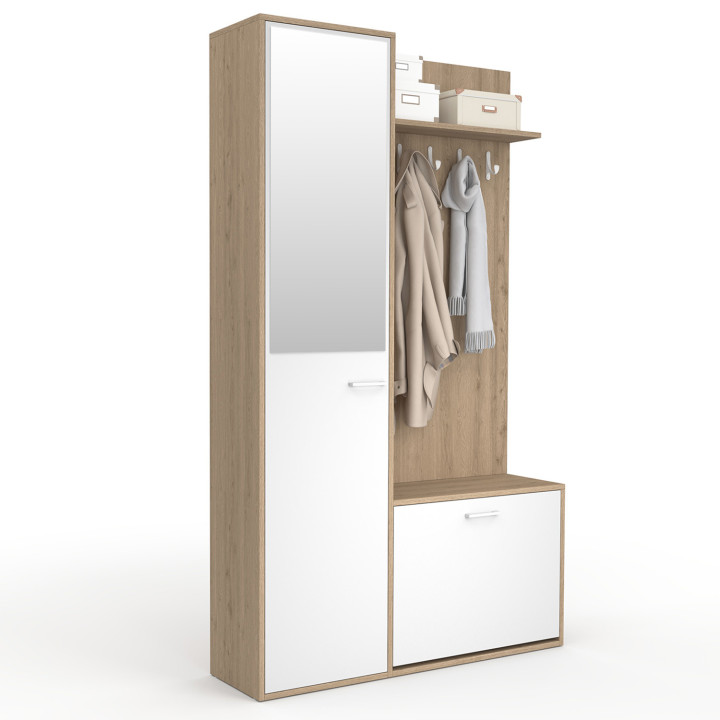 Garderobe met schoenenopberger, spiegel, kast en zwarte planken met houteffect - MAHAUT | ID Market