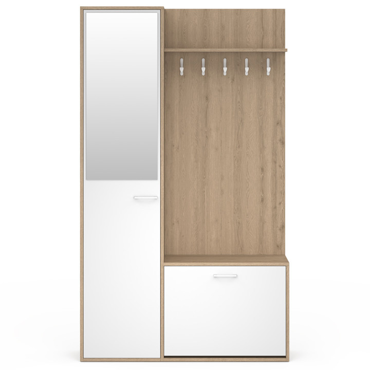 Vestiaire d'entrée rangement chaussures avec miroir et étagères MAHAUT 1 porte effet bois et blanc