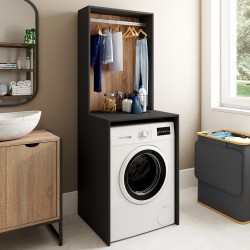 Waschmaschinenoberschrank mit Garderobe schwarz und Holz in Buchenoptik