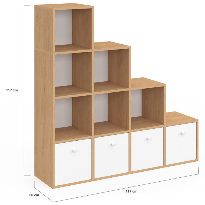 LORYS Mobile a 4 livelli in legno e bianco a gradini con 4 cassetti in tessuto