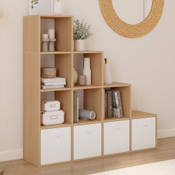 Meuble de rangement en escalier LORYS 4 niveaux bois et blanc avec 4 tiroirs en tissu