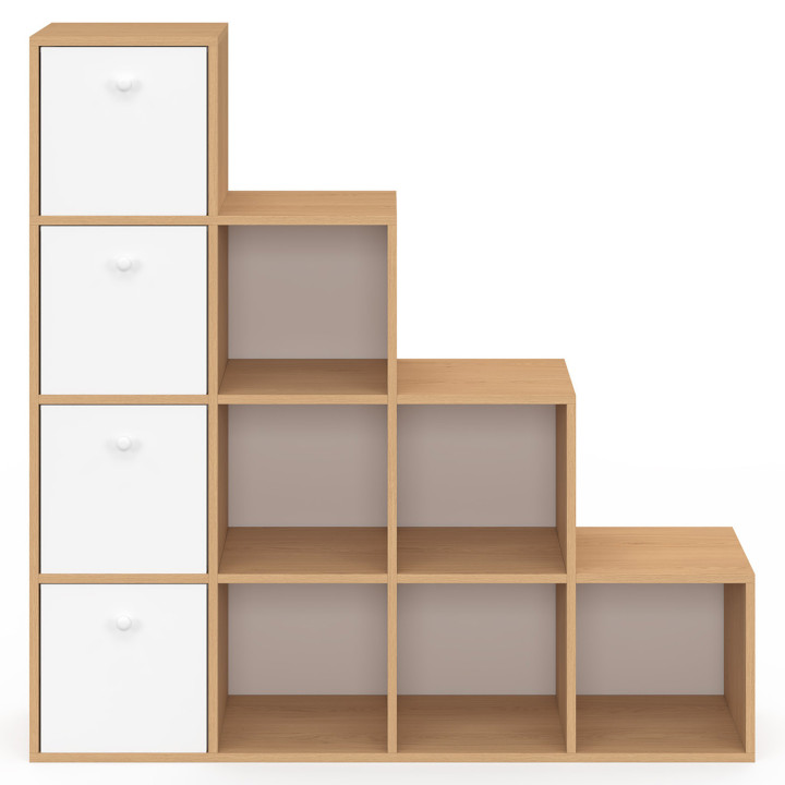 Meuble de rangement en escalier LORYS 4 niveaux bois et blanc avec 4 tiroirs en tissu