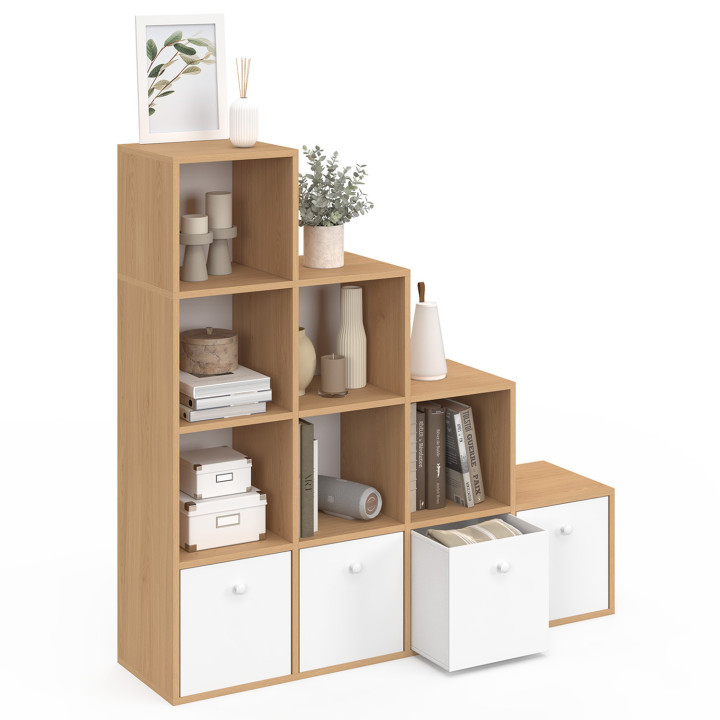 Mueble de almacenaje escalonado de madera y blanco de 4 niveles con 4 cajones de tela - LORYS | IdMarket