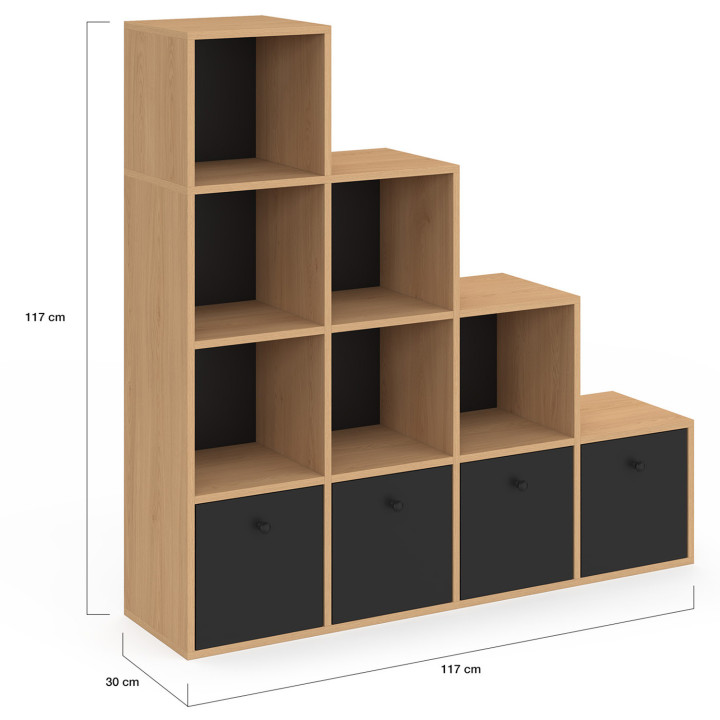 Meuble de rangement en escalier LORYS 4 niveaux bois et noir avec 4 tiroirs en tissu