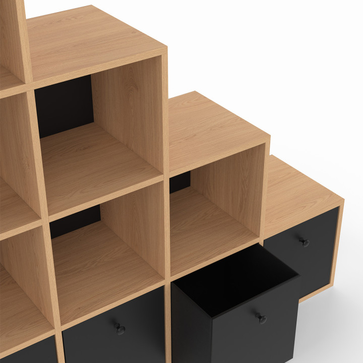 Treppenmöbel LORYS 4 Ebenen aus Holz und Schwarz mit 4 Stoffschubladen