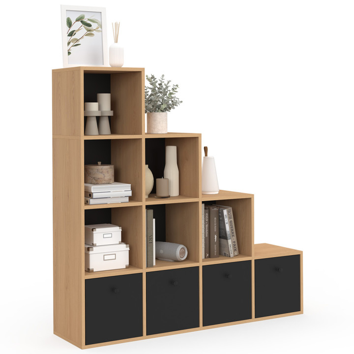 LORYS Contenitore a 4 livelli in legno e nero a gradini con 4 cassetti in tessuto