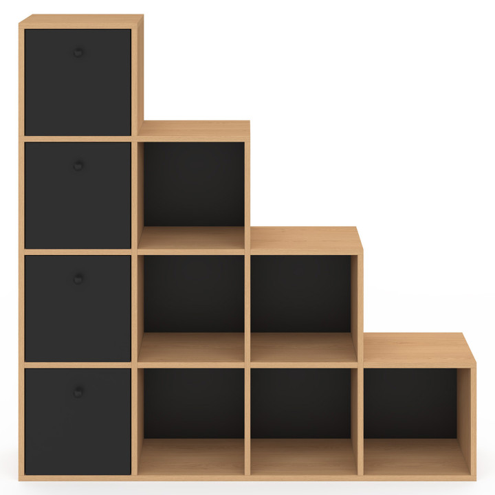 Mueble de almacenaje escalonado LORYS de 4 niveles de madera y negro con 4 cajones de tela