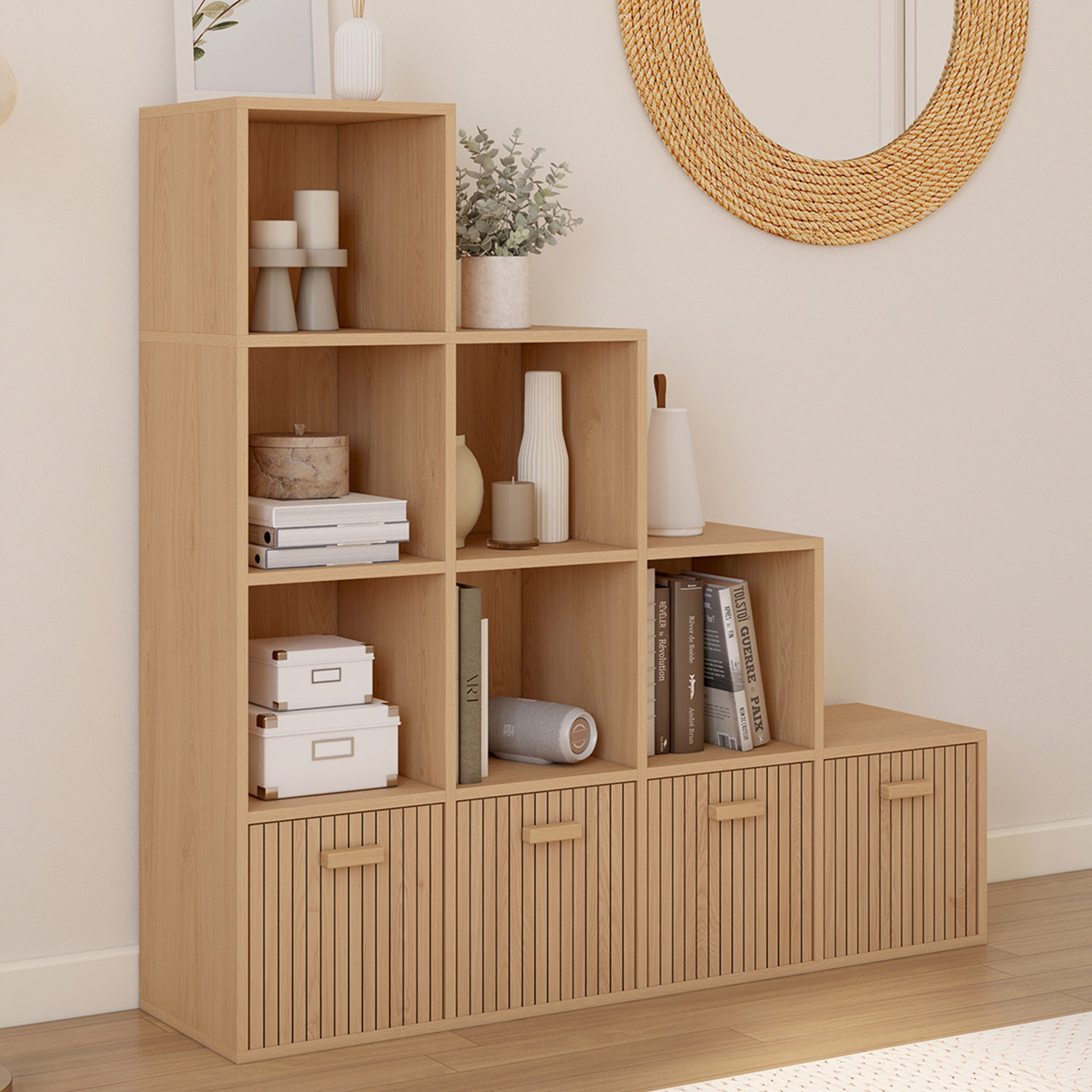 Meuble de rangement en escalier 4 niveaux effet lattes avec 4 tiroirs en tissu
