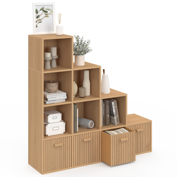 Meuble de rangement en escalier LORYS 4 niveaux effet lattes JULIETTE avec 4 tiroirs en tissu