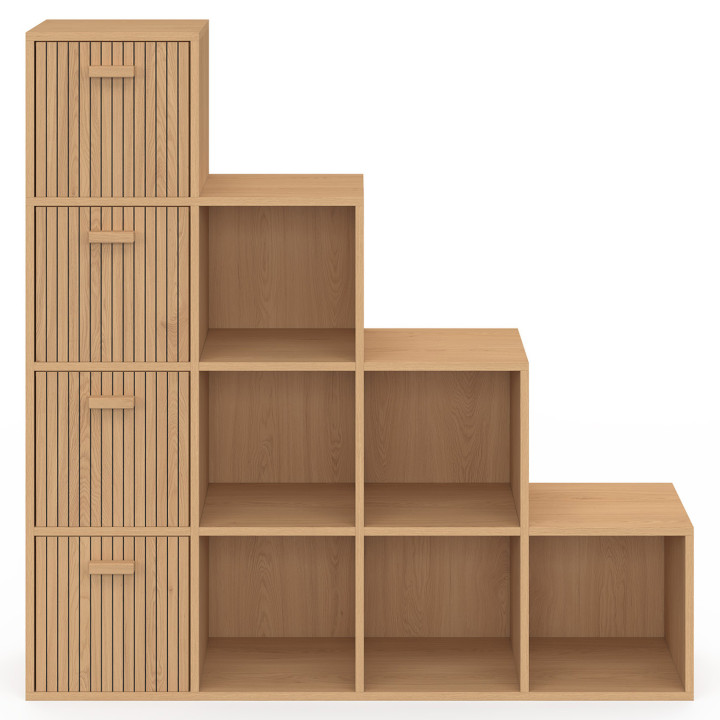 Mueble de almacenaje LORYS 4 niveles efecto listones JULIETTE con 4 cajones de tela