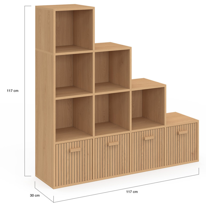 Meuble de rangement en escalier LORYS 4 niveaux effet lattes JULIETTE avec 4 tiroirs en tissu