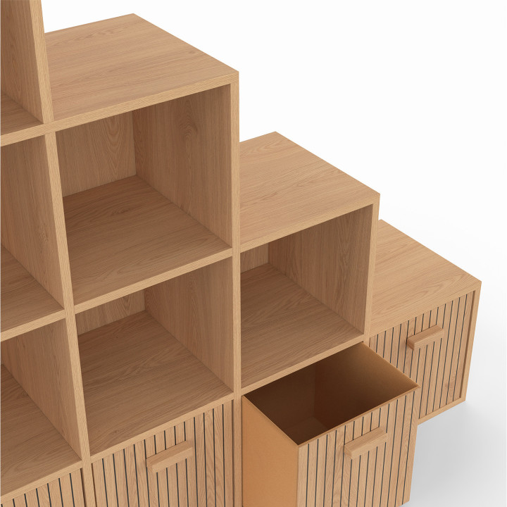 Meuble de rangement en escalier LORYS 4 niveaux effet lattes JULIETTE avec 4 tiroirs en tissu