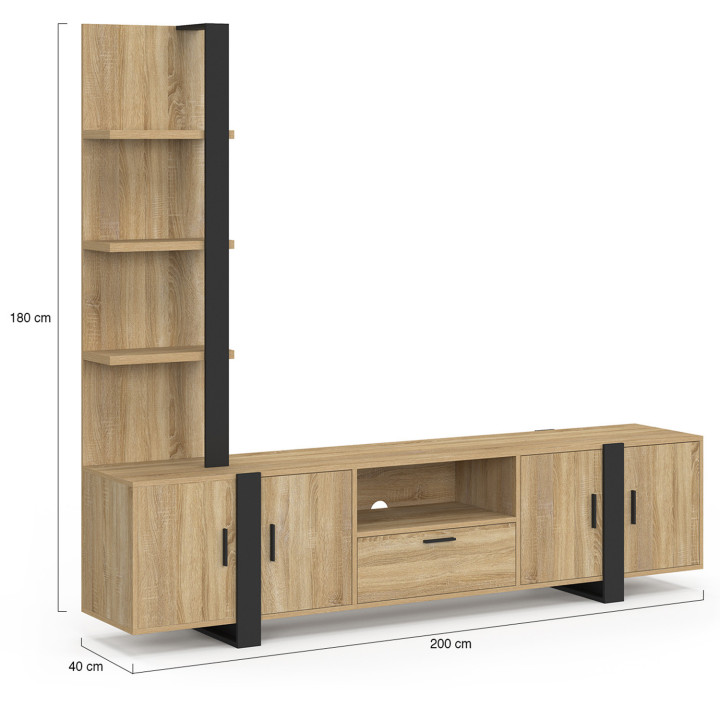 Mobile TV con ripiani e armadio 200 cm PHOENIX legno e nero