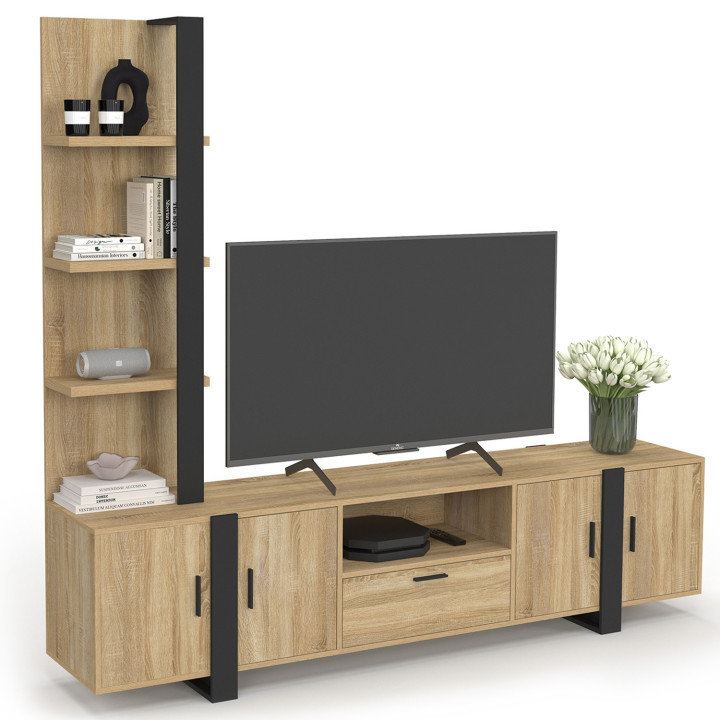 TV-meubel met legplanken en kast 200 cm PHOENIX hout en zwart