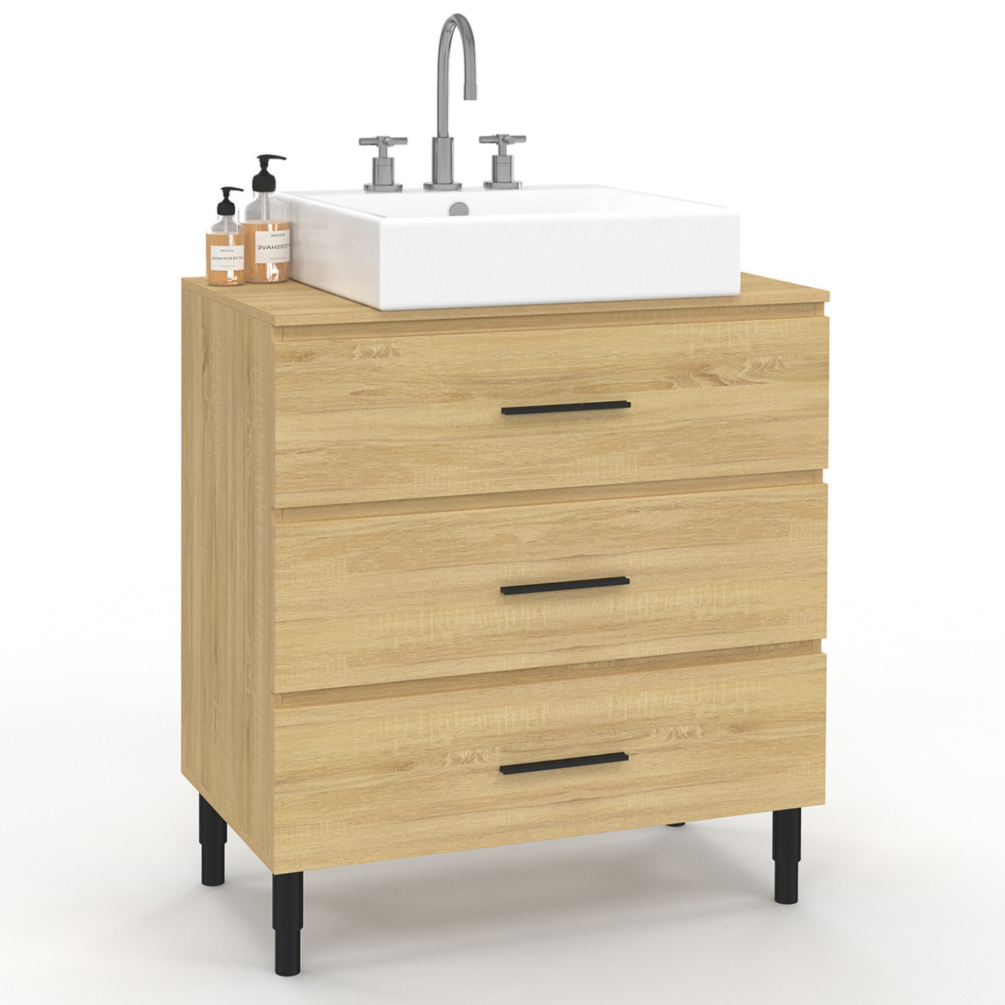 Badezimmer-Waschtisch 80 cm mit 3 Schubladen in Buchenholzoptik und schwarz  mit Teleskopbeinen