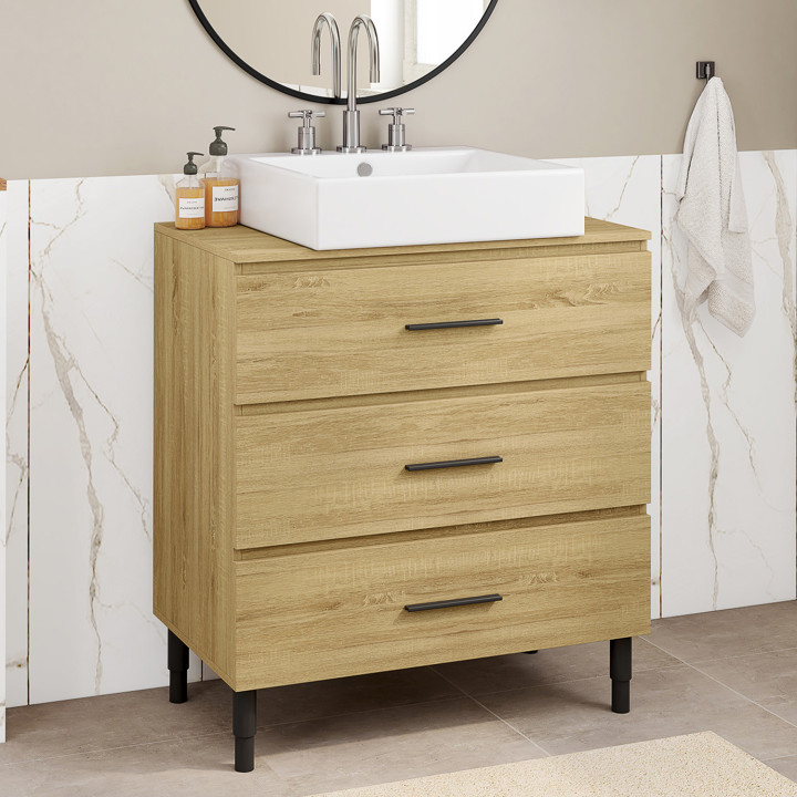 Badezimmer-Waschtisch 80 cm mit 3 Schubladen in Buchenholzoptik und schwarz mit Teleskopbeinen