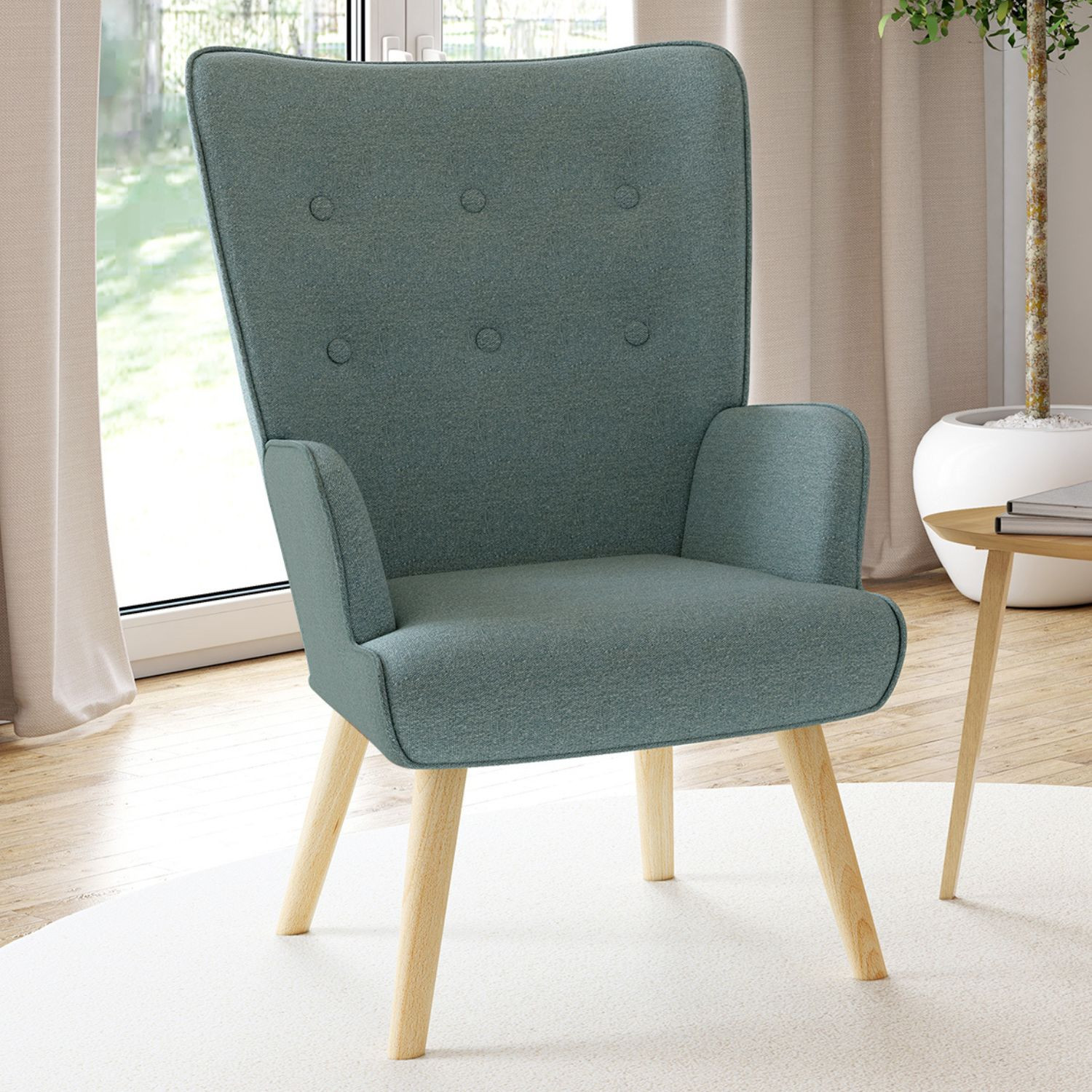 Fauteuil en tissu vert eucalyptus scandinave