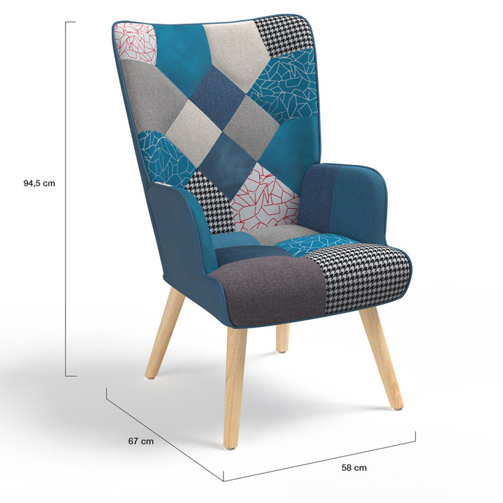 Skandinavischer Patchwork-Sessel aus blauem Samt mit Fußstütze - IVAR | ID Market
