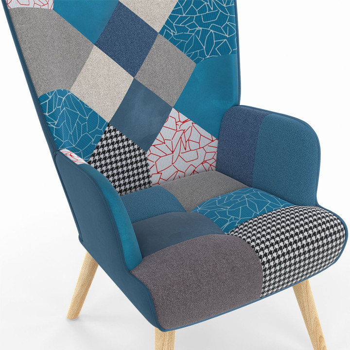 Skandinavischer Patchwork-Sessel aus blauem Samt mit Fußstütze - IVAR | ID Market