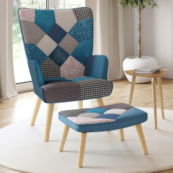 16016 - Scandinavische blauwe fluwelen en patchwork fauteuil met voetensteun Scandinavische blauwe fluwelen patchwork fauteuil met voetensteun - IVAR | ID Market