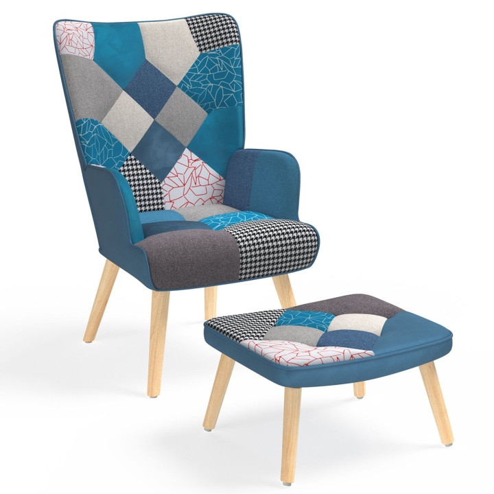 Skandinavischer Patchwork-Sessel aus blauem Samt mit Fußstütze - IVAR | ID Market