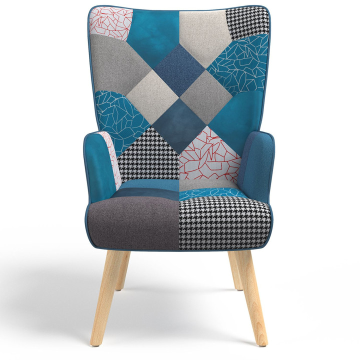 Sillón patchwork escandinavo de terciopelo azul con reposapiés - IVAR | ID Market