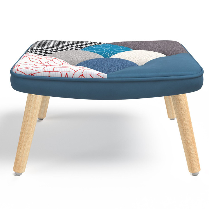 Scandinavische blauwe fluwelen patchwork fauteuil met voetensteun - IVAR | ID Market