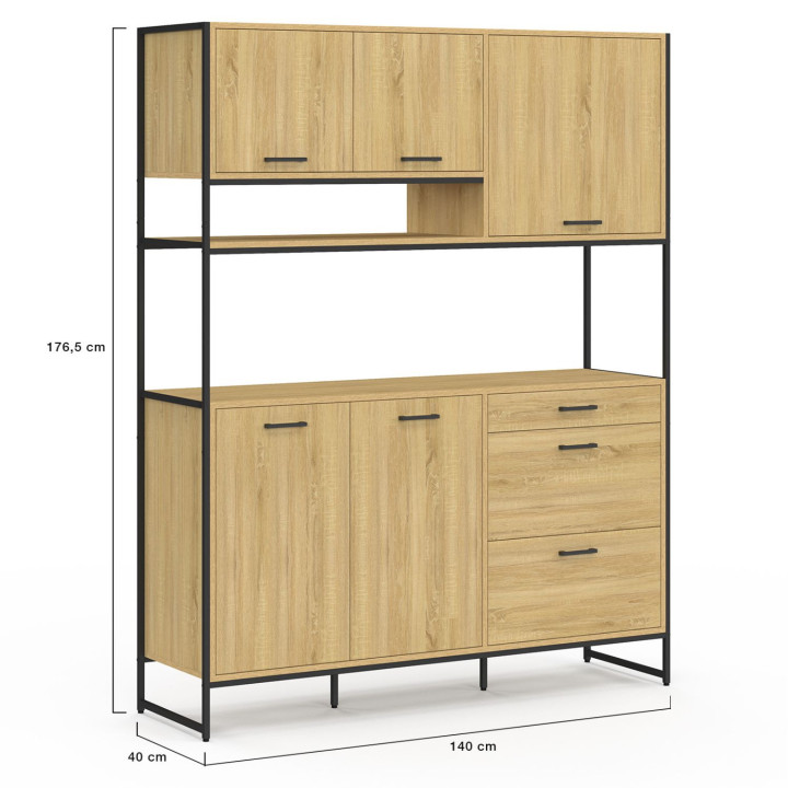 Aparador de cocina 140 cm 5 puertas + 3 cajones diseño industrial - DETROIT | IdMarket