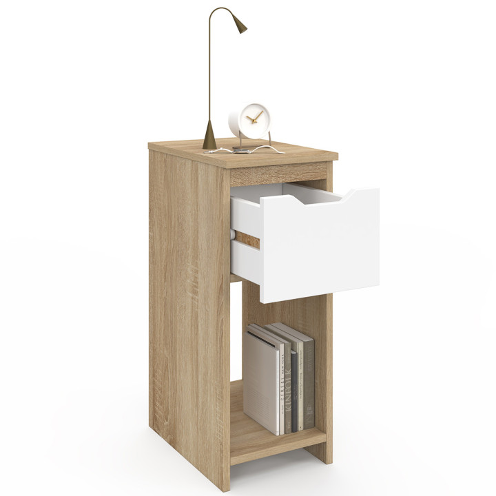 Lot de 2 tables de chevet ANOUK 1 tiroir avec niche bois façon hêtre et blanc