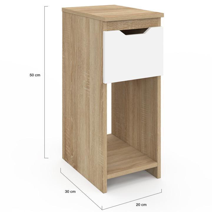 Lot de 2 tables de chevet ANOUK 1 tiroir avec niche bois façon hêtre et blanc