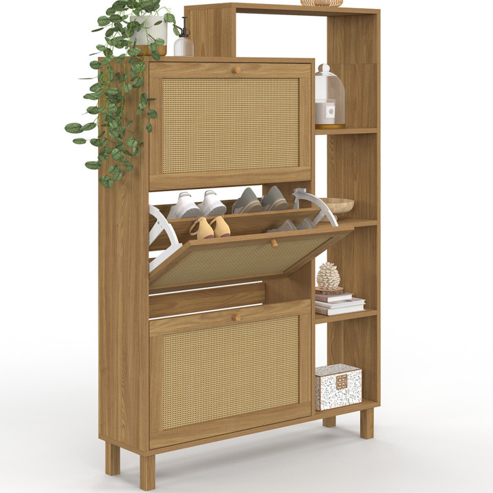 Mueble zapatero 18 pares 3 puertas efecto caña natural con estante - HANAE | IdMarket