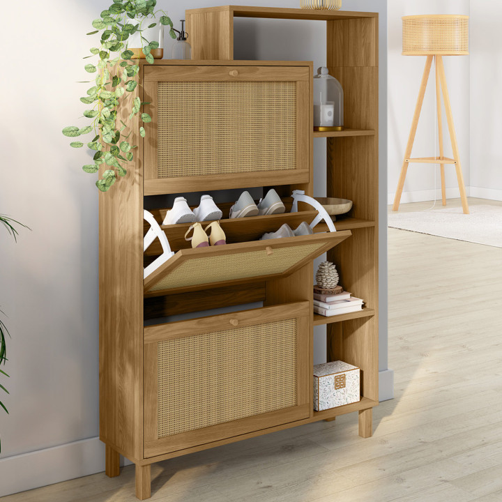 Meuble à chaussures 18 paires HANAE 3 portes effet naturel cannage avec étagère