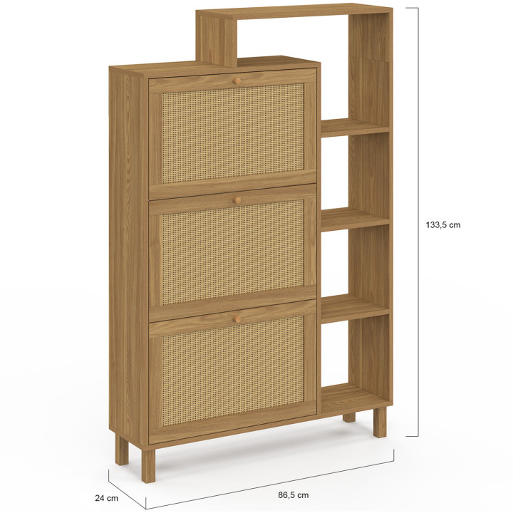 Mueble zapatero 18 pares 3 puertas efecto caña natural con estante - HANAE | IdMarket