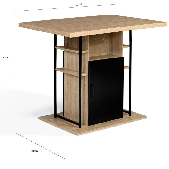 Ilot central UGO 110 cm bois noir et imitation hêtre avec rangements design industriel
