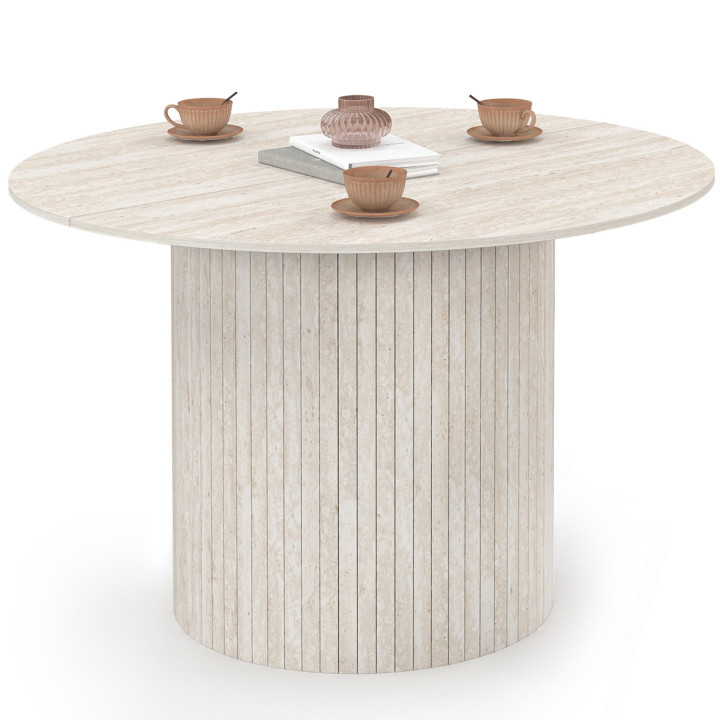 Ronde 6 persoons eettafel met centrale voet en travertin stijl lamellen 110 cm - JULIETTE | IdMarket