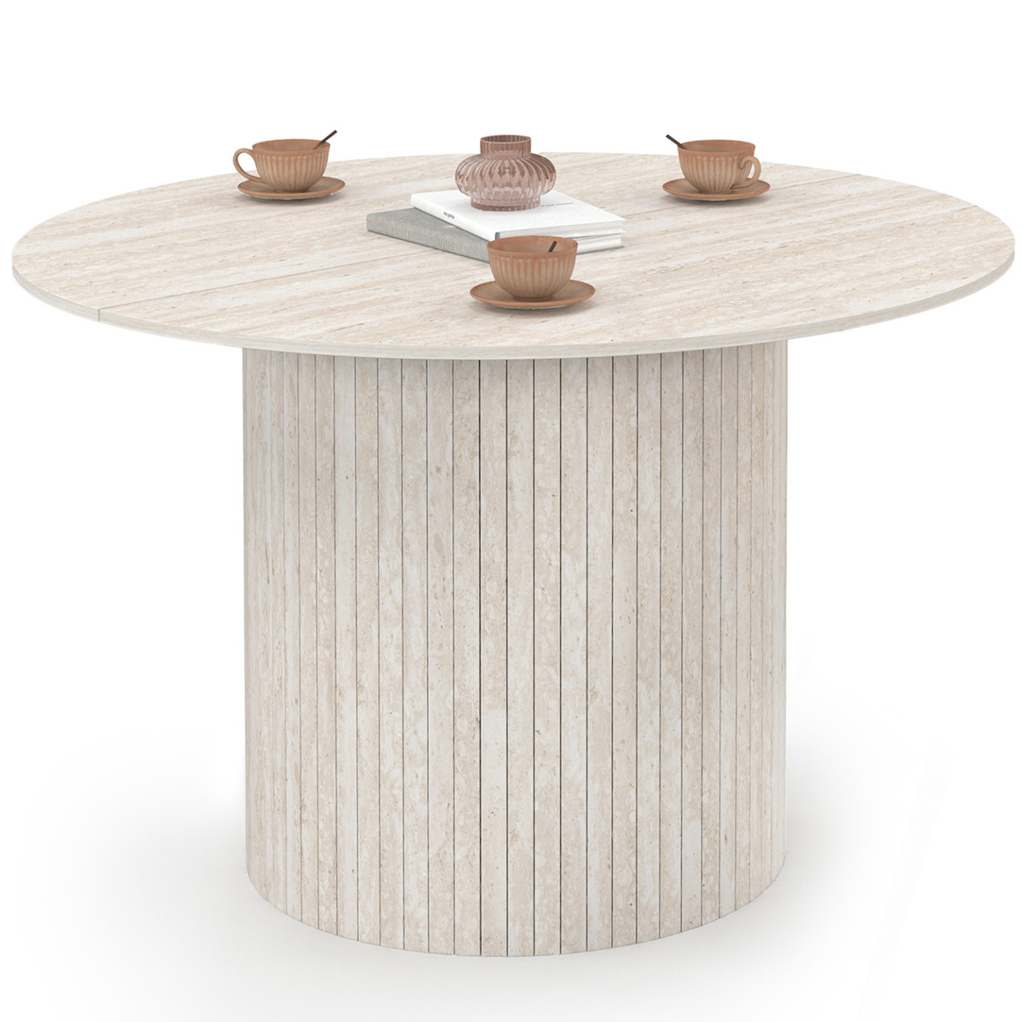 Table à Manger Ronde 120cm Imitation Travertin Jaune - Design Moderne - Pour 4 à 6 Personnes - Plateau épais 1.8cm