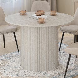 Mesa de comedor redonda para 6 personas con pie central y tablillas estilo travertino 110 cm - JULIETTE | IdMarket